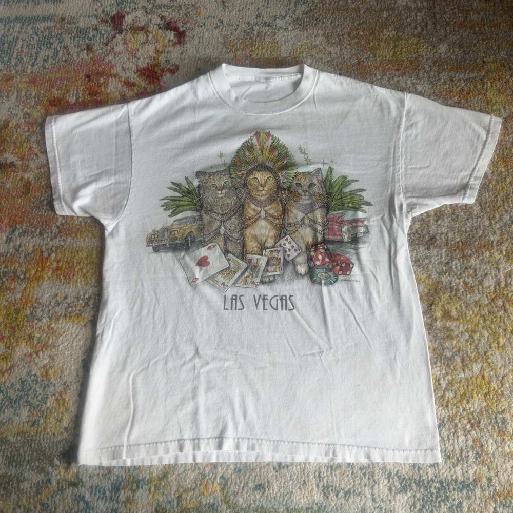 Vtg Prints of Tails Las Vegas Cats Graphic T-Shirt USA Double Sided 1990's Sz L